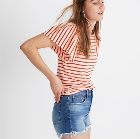 Madewell Flutter-Sleeve Tee in Yorktown Stripe M0077 sz Xs - Picture 1 of 6